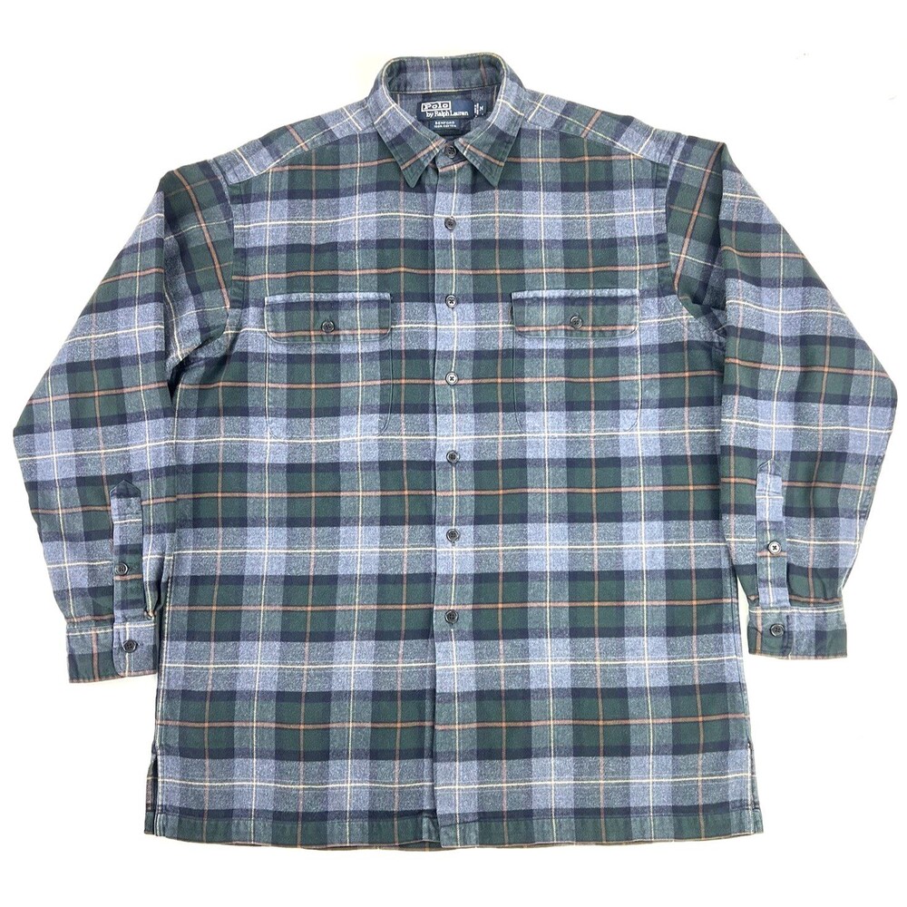 Vintage Polo Ralph Lauren Benford Flannel Shirt Mens M Plaid Green Blue 90s